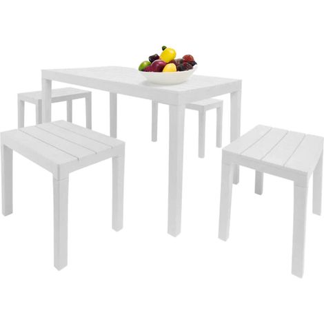 Set salotto da esterno Sanremo, Composizione da giardino con 1 tavolo rettangolare e 4 panchine, Salottino indoor e outdoor da Pic Nic, 100% Made in Italy, Bianco