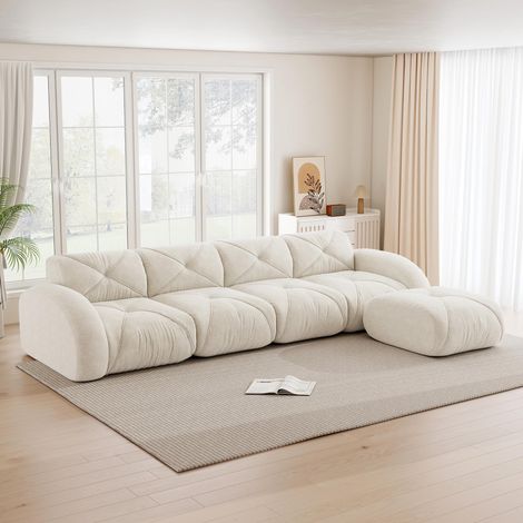 Fauteuil en L, canapé modulable, canapé d'angle quatre places, idéal pour le salon, base antidérapante, aucun assemblage requis, canapé modulable avec repose-pieds, blanc. (1/5)