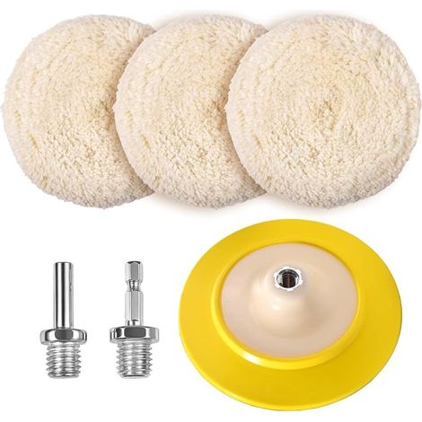 3 pièces 7 pouces Tampon de polissage en laine Roue de polissage pour perceuse à polir avec adaptateur M14 et disque adhésif flexible (1/4)