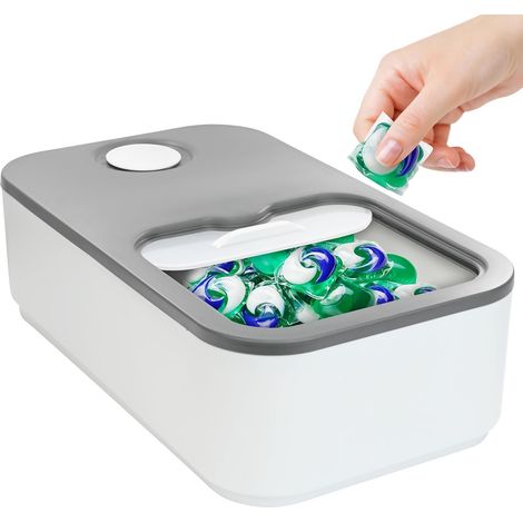 Boîte de rangement pour 100 capsules de lessive, avec couvercle coulissant, organiseur de lessive avec doseur et minuteur, support pour lessive en poudre (1/5)