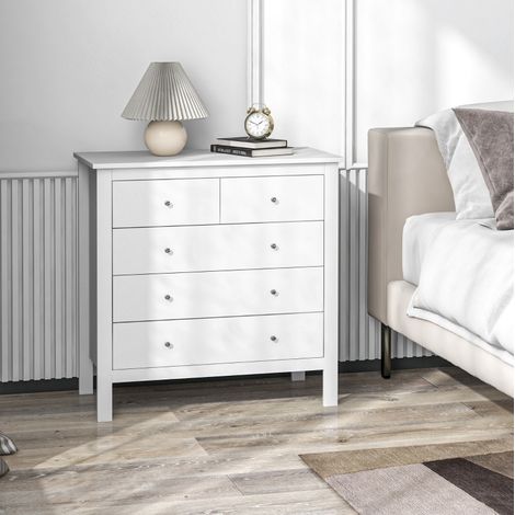 Kommode Holz Weiß 79x39,5x80,5 cm mit 5 Schubladen, Metallgleitern und Füßen (1/4)