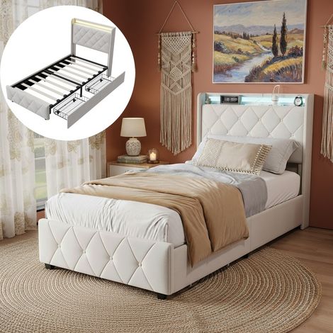 Letto singolo 90x200 cm con 2 cassetti, LED e porta USB, letto imbottito in velluto con rete a doghe e decorazione borchiata – Beige