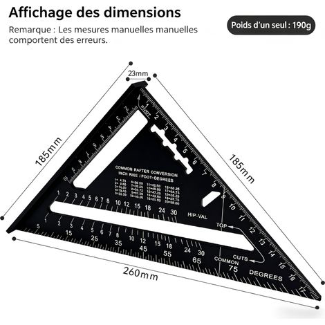 Équerre triangulaire en aluminium 7 pouces, noire, métrique, 90° pour menuiserie