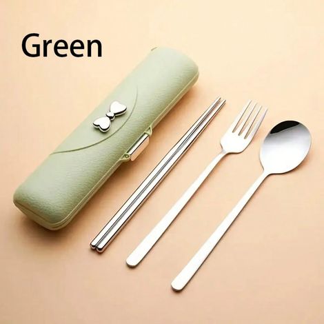 Set de couverts 3 pièces : Fourchette, cuillère et baguettes en acier inoxydable, avec boîte de rangement kit déjeuner portable pour extérieur, voyage, camping, pique-nique, facile à transporter, ver (1/5)