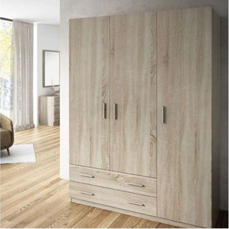 Armario ropero 3 puertas abatibles 2 cajones Lorena acabado Cambrian, 230cm(alto) 150cm(ancho) 50cm(largo) (1/2)