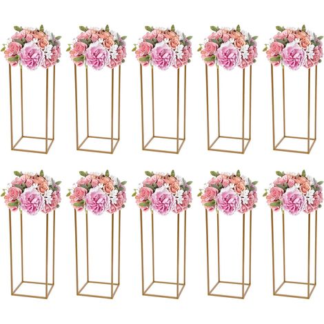 WANLECY Lot de 10 supports rectangulaires dorés pour vases, avec socle métallique, adaptés aux compositions florales de mariage, etc. 24 x 24 x 60 cm (1/5)