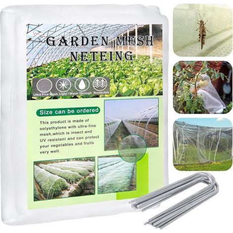 2x10m Insekten- und Gartennetz mit 15 U-förmigen Gartenheringen, wiederverwendbares weißes Erdbeerschutznetz für Gemüse und Pflanzen (1/5)