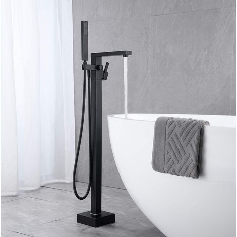 SJQKA Badewannenarmatur mit Wasserfall-Dusche, Badewannenarmatur, bodenstehende Mischbatterie, freistehende freistehende Badewannenarmatur mit Griff, Schwarz (Unterirdische Installation) (1/5)