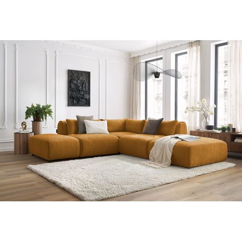 BOBOCHIC - Canapé d'angle fixe modulable JEANNE tissu texturé avec 2 chauffeuses, 1 angle et 2 poufs Jaune (1/5)