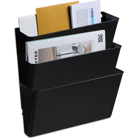 Porte-documents mural en lot de 3, plastique, pour magazines et journaux, 19 x 33 x 10,5 cm, noir (1/5)