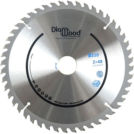 Diamwood – Lame de scie circulaire D. 210 mm – Alésage 30 mm – 48 dents – Pour aluminium, bois tendre, PVC – Denture trapézoïdale 45°