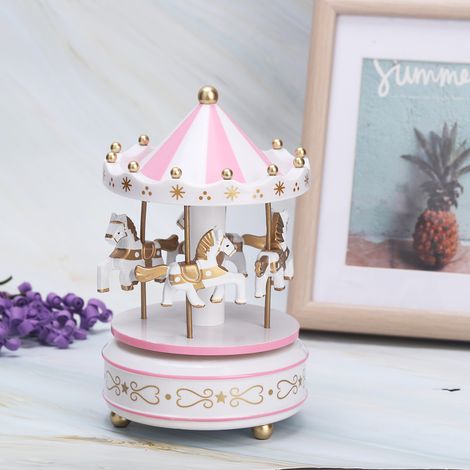Carrousel musical Merry Go Round - Cadeau de Noël, mariage, anniversaire - Décoration blanche et rose (1/5)