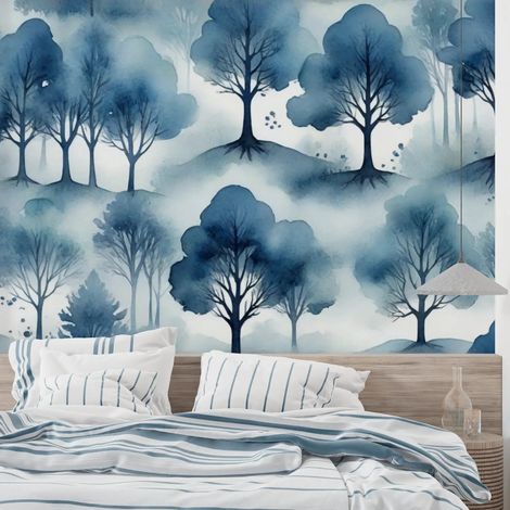 Papier Peint Forêt - Arbres Brumeux en Aquarelle - 150 x 250 cm (1/2)