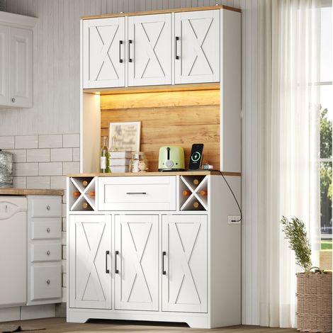 Küchenbuffet mit LED, Flaschenregal und Steckdosenleiste, MDF, Weiß/Natur HAVRYA (1/5)