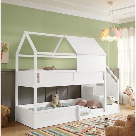 Etagenbett 80/200 cm in legno massello con tetto a casetta e scala, bianco (1/5)