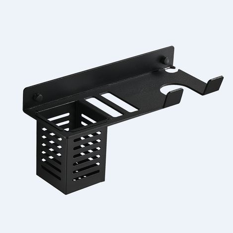 Supporto a parete per asciugacapelli e piastre per capelli, con porta spina e vano portaoggetti, non richiede foratura. Supporto per asciugacapelli. (1/5)