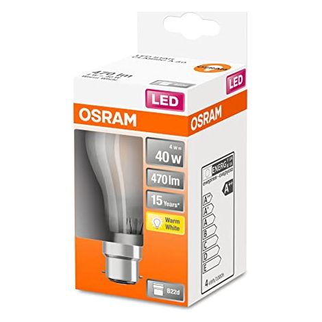 OSRAM LED Star lampada LED a filamento smerigliato, base B22d, bianco caldo (2700K), forma della lampadina, set di sostituzione per lampadine convenzionali da 40W, confezione da 1 (1/4)