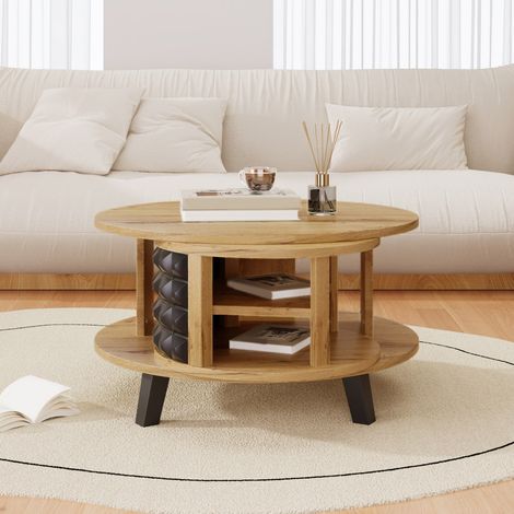 Table Basse Rotative - 85.2x80x45.2cm - Plateau Pivotant 360° et Coffre Caché Double Niveau - Naturel et Noir (1/5)