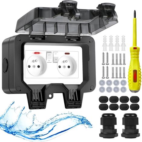Prise extérieure étanche IP66 avec interrupteur Témoin lumineux, en saillie Résistant aux intempéries Prise extérieure électrique Jardin murale avec couvercle verrouillable Prise-double (1/5)