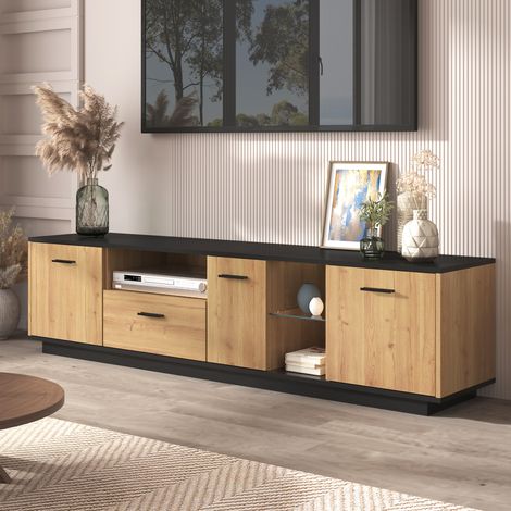 Mobile TV in MDF nero con effetto legno 180 x 37 x 45 cm, 3 ante, 1 cassetto, vani con vetro e LED 16 colori (1/5)