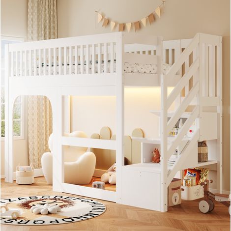 CHICFURN Letto a soppalco per bambini 90x200 cm bianco con contenitore, LED e spazio gioco (1/5)