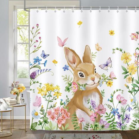 Cortina de ducha de Pascua con diseño de conejito floral, 180 x 180 cm, tejido de poliéster lavable con 12 ganchos. (1/5)
