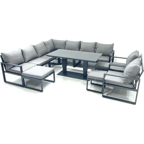 Fimous 12 Seater Outdoor Aluminum Garden Furniture Set Corner Sofa 2 Chair 3 Footstools Adjustable Rising Lifting Dining Table Sets Dark Grey (1/5)