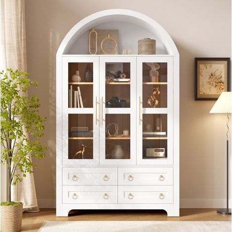 Hoher Buffetschrank 110 x 40 x 185 cm, Weiß, mit Glastüren und Stauraum – MEUBLIV (1/5)