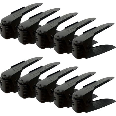 Lot de 10 étagères à chaussures peu encombrantes et réglables en hauteur, avec support antidérapant, en plastique noir.