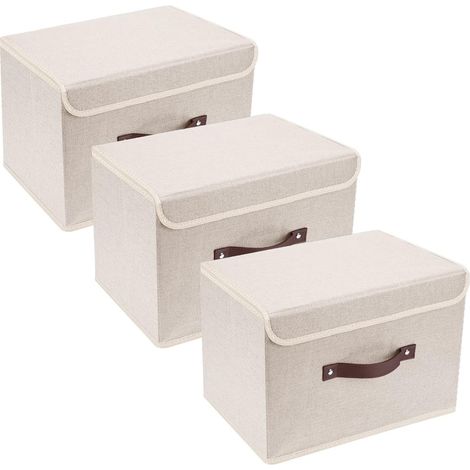 Boîte de Rangement avec Couvercle, Tissu, Lavable, Rangement Tissu, 38x25x25 cm, Lot de 3, Beige (1/5)