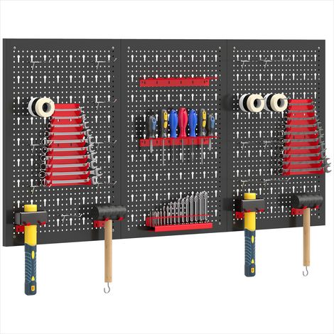 Organiseur d'outils mural acier 60 x 40 cm, lot de 3 panneaux perforés avec 28 accessoires, noir et rouge (1/5)