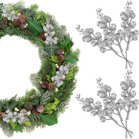 Brindille Houx - Baies Artificielles Pailletées Argentées - Décoration Noël Couronne Guirlande Sapin - Lot de 14 Pièces