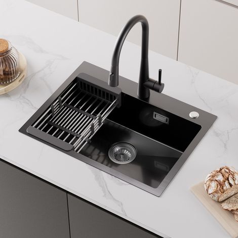 Cecipa 60×45×18CM Évier de Cuisine Anthracite - Évier 1 Bac avec Panier de Drainage Cuisine Acier Inoxydable 201 Grande Capacité