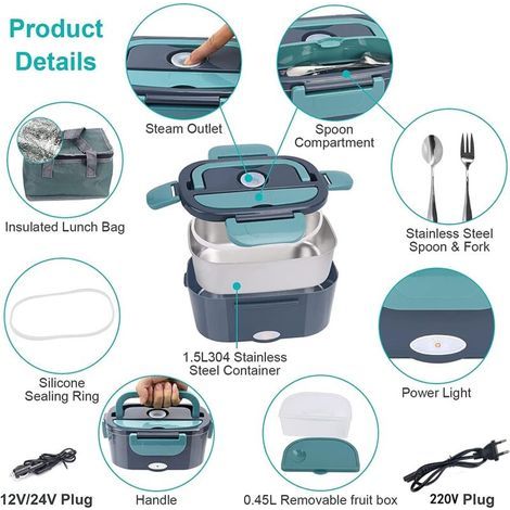 Lunch Box Chauffante, 3 en 1 Boite Chauffante Repas(12V / 24V / 220V), 1.5L Portable Gamelle Chauffante, 60W Boite a Repas Chauffante pour Voiture, Camion, Maison ou Camping (1/4)