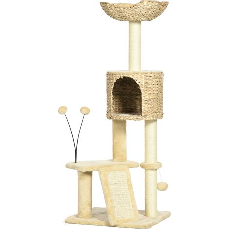 Arbre à chat beige 116 cm avec niche, panier, plateformes, pompons en peluche et jacinthe d'eau (1/5)