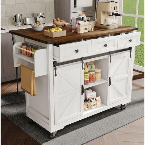 Îlot de cuisine avec plateau relevable, 2 portes coulissantes, 3 tiroirs, blanc HAVRYA (1/5)