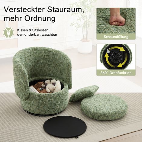 Fauteuil pivotant 028 à 360° avec rangement intégré et coussin dossier moelleux – fauteuil salon moderne pour chambre ou coin lecture (Vert) (1/4)