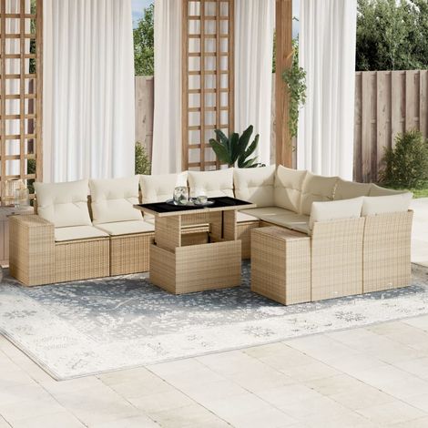 vidaXL Salon de jardin avec coussins 10 pcs beige résine tressée (1/5)