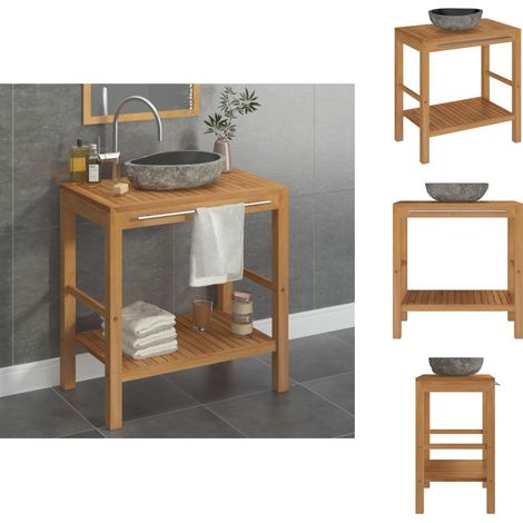 Badezimmerwaschtische - Living Waschtisch Massivholz Teak mit Waschbecken aus Flussstein