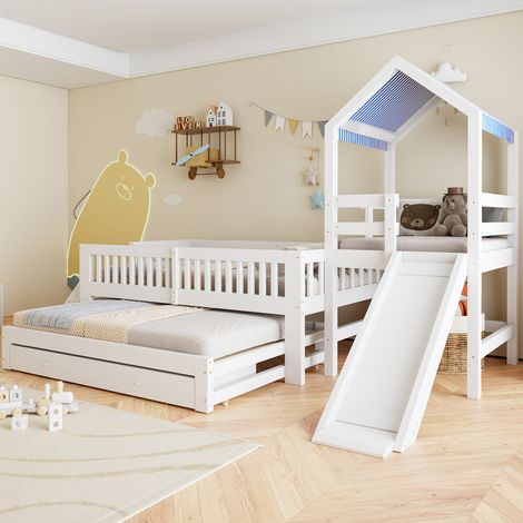 Lit enfant cabane 90x200 cm avec lit gigogne 90x190, toboggan, escalier latéral, tiroirs, bois blanc (1/5)