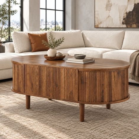 Mesa de centro elevable ovalada con almacenaje, MDF, color nogal DESVIAE (1/5)