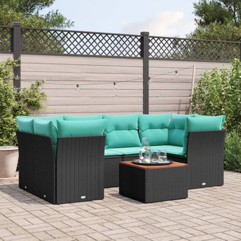Salon de jardin 7 pièces avec rangement, résine tressée noire et coussins bleus, 60.6kg - PANGIVO (1/5)