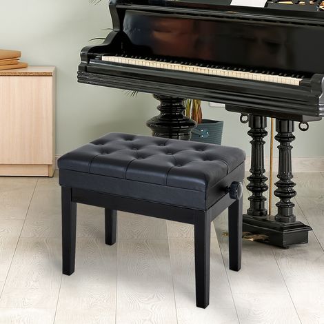 Klavierhocker mit verstellbarer Höhe (48–58 cm), Klavierbank mit Staufach und gepolsterter Sitzfläche, Belastbarkeit 200 kg, Bezug aus PU-Leder, Beine aus Gummibaumholz, für Keyboards, Schwarz