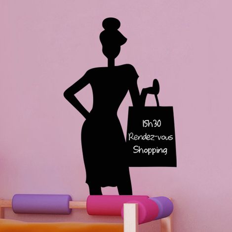 Sticker ardoise tableau noir - stickers muraux adhésif effaçable - DAME FAISANT DU SHOPPING - 30x20cm (1/3)
