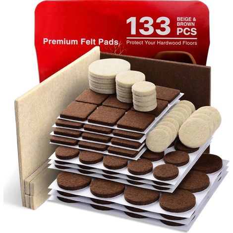 Patins de meubles en feutre, 133 pièces, patins de meubles de qualité supérieure - Patins de meubles en feutre, meilleurs protecteurs de plancher en bois, marron et beige (1/4)