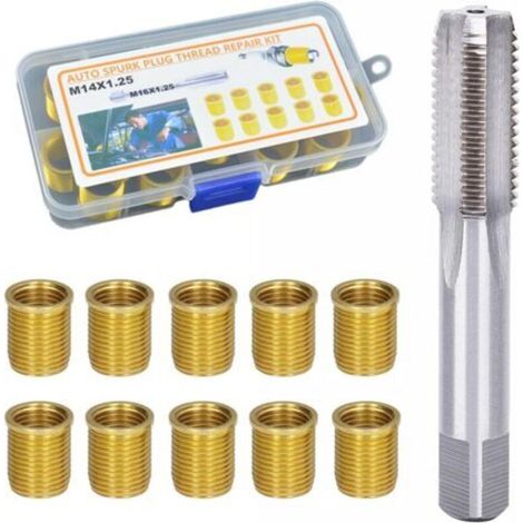 Kit de réparation de trous filetés de bougies d'allumage M14 x 1,25 mm (10 pièces) avec taraud, en métal, pour moteurs essence, générateurs et moteurs diesel (doré)