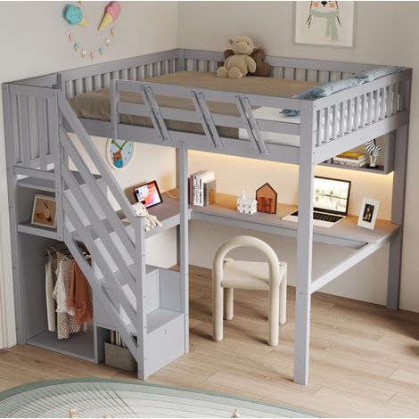 Lit mezzanine enfant 140x200 avec bureau, escalier de rangement, LED et prise USB, bois gris, REDOM (1/5)