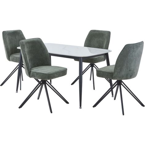 Aspen Gloss White Sintered Stone Rectangular Table & 4 Green Swivel Dining Chairs - Metal/Fabric - L69 x W46 x H92 cm
