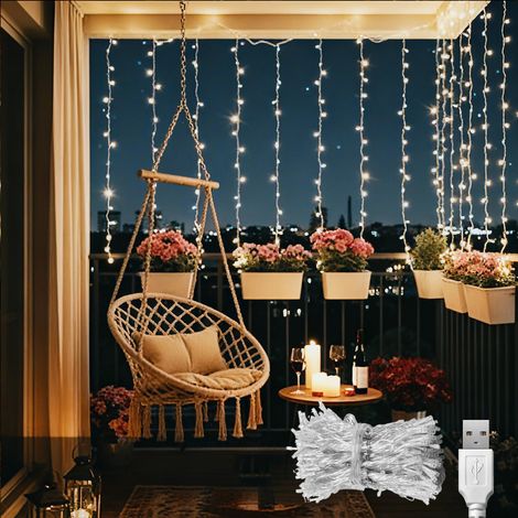 Rideau Guirlande Lumineuse LED 1x1m 100 LEDs Câble DExtension 3m Alimentation USB Câble Transparent Blanc Chaud Intérieur Et Extérieur Pour Noël Chambre Fête Mariage Balcon Décoration De Jardin