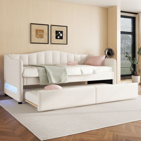 Letto bambini 90x200 cm con letto aggiuntivo 90x200 cm, divano letto, illuminazione LED, rete a doghe, in lino, senza materasso, beige (1/5)